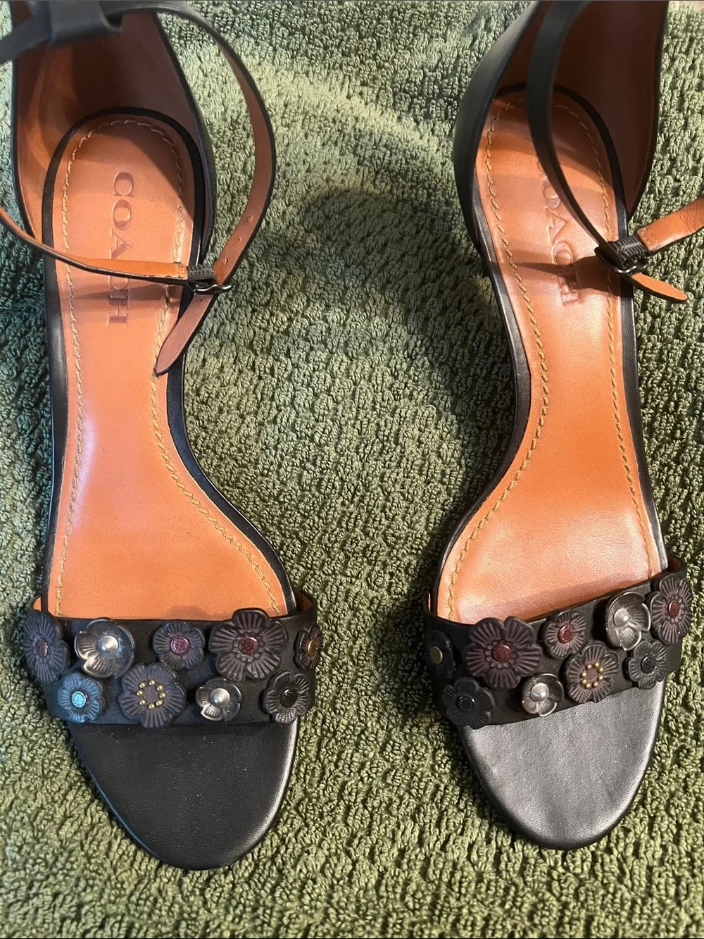 Coach Black Leather Ankle-Strap Heels with Multicolor Floral Studs